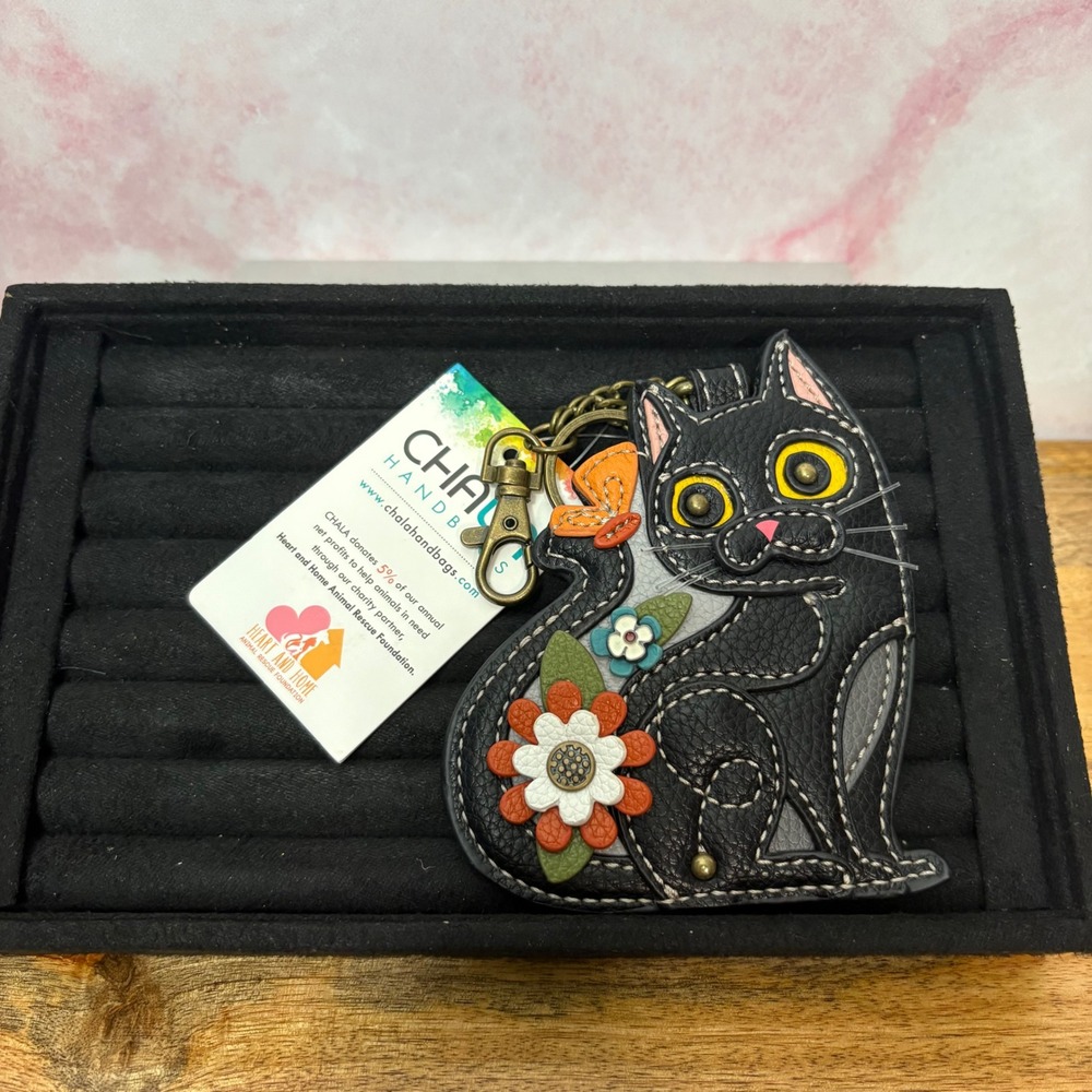 Chala Vegan Leather Keychain Coin Pouch NWT Black Cat Flowers